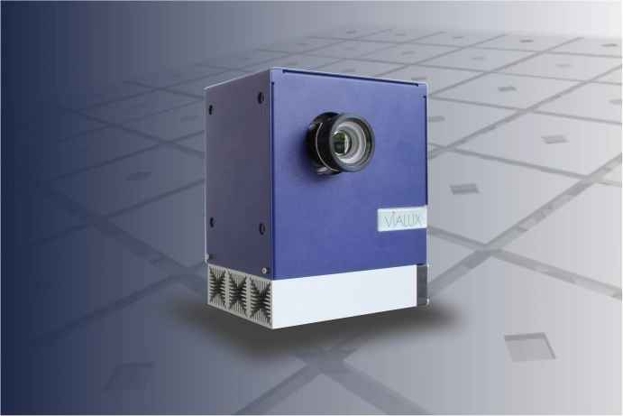Industrial grade projection unit in a blue housing.