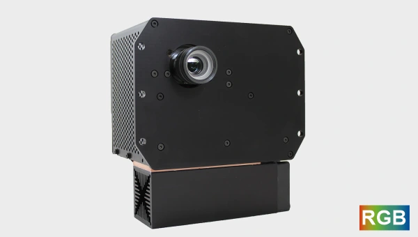 Industrial grade projection unit in a blue housing.