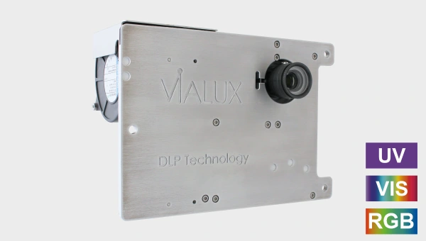 Industrial grade projection unit in a silver housing.