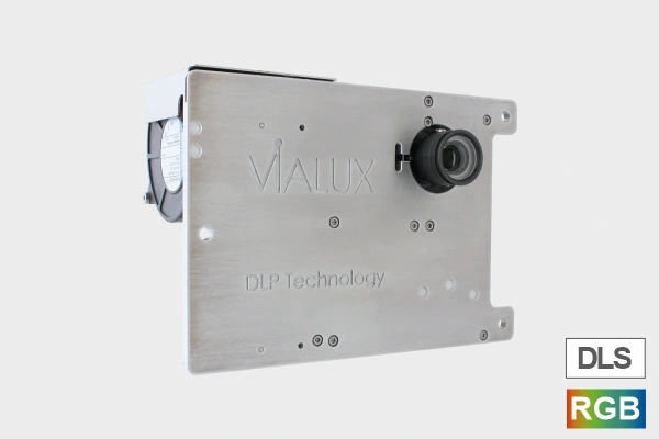 Industrial grade projection unit in a blue housing.