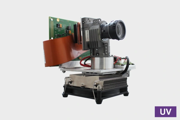 Industrial grade projection unit in a blue housing.