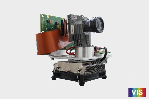 Industrial grade projection unit in a blue housing.